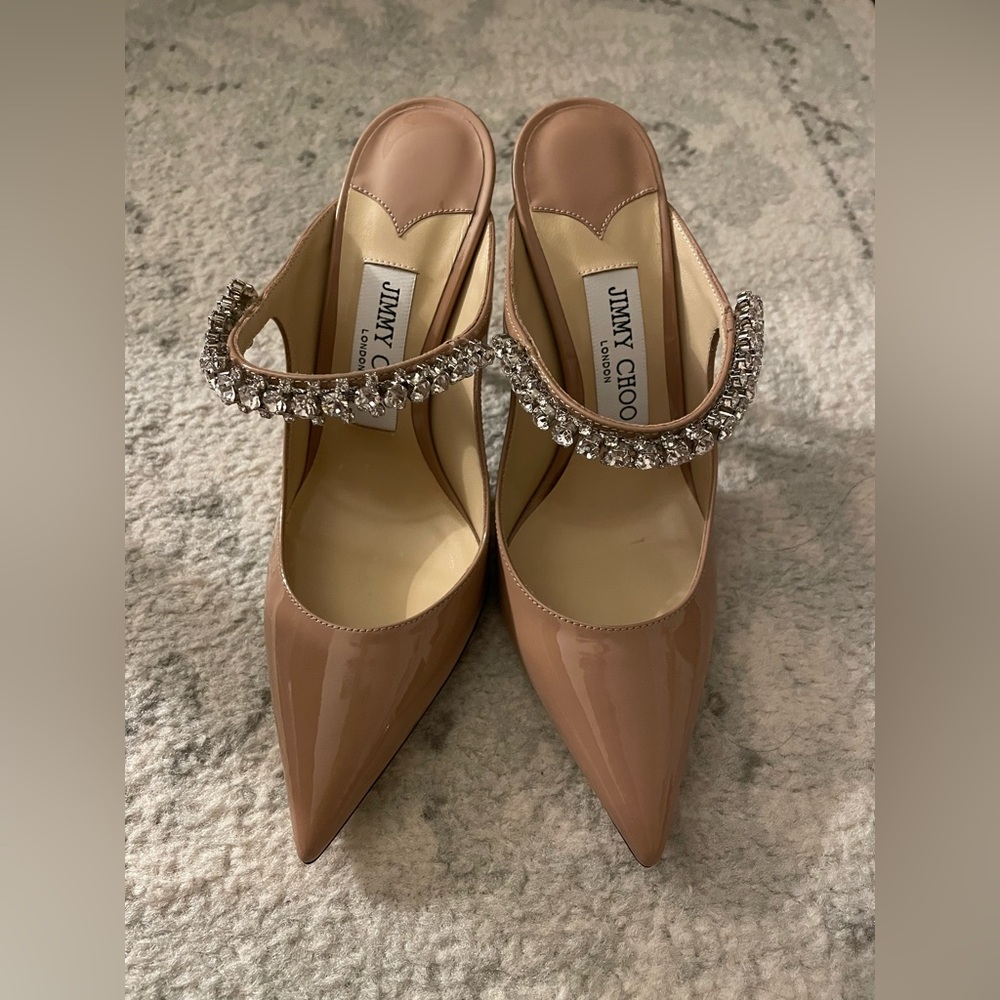 Jimmy Choo Ballet Pink Patent Leather Mules with Crystal Strap